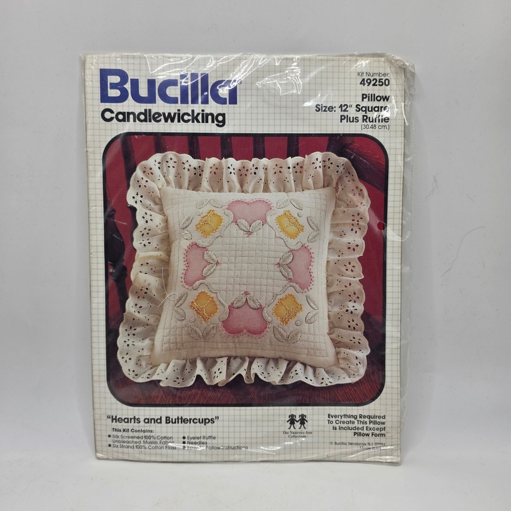 Bucilla Candlewicking Pillow Kit Hearts and Buttercups Pink Yellow Eyelet 49250